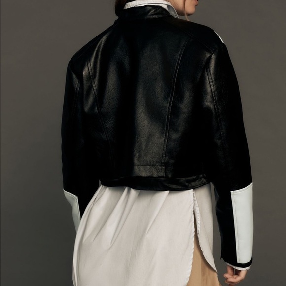 Anthropologie Maeve Cropped Colorblock Bike Jacket Black White Vegan Leather - Picture 3 of 11